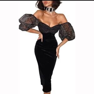 Black HOMELEX Bodycon Club Dress with Glitter Mesh Puff Sleeves Size Large